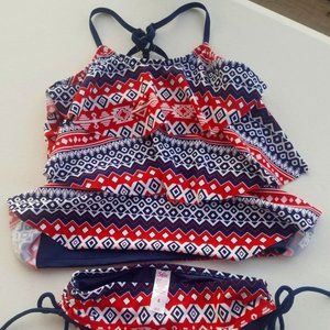 Justice Girls Red Navy Blue White Tankini Swimsuit Set Size 8